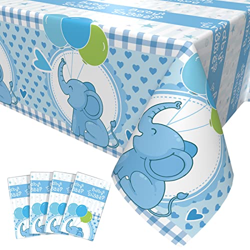 4 Pack Babyshower Elefant Tischdecken Dekorationen, Blau Thema Party Zubehör, Tier Tischdecken Die Baby Shower Boys Kids Geburtstag Party Tischdecken Supplies Rechteck 54x108 Zoll… von OTTPL