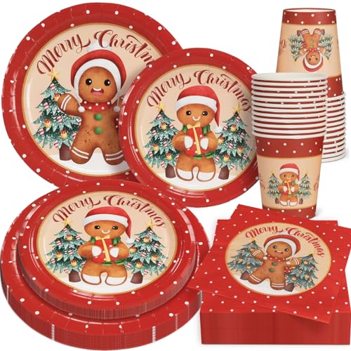 100 Stück Lebkuchen-Weihnachtsdekorationsset für 25 Weihnachtsfeiern, Einweggeschirr, Lebkuchenmann, Pappteller, Servietten, Becher für Weihnachten, Lebkuchen-Mottoparty-Zubehör von OTTPOOM