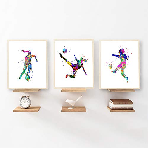 Fußball Wand Bilder Fußball Leinwand Gemälde Aquarell Mädchen Fußball Party Poster Kunstdrucke Wandbilder Mädchen Kinderzimmer Wohnkultur 40 x 60 cm x 3 ungerahmt von OTURRI