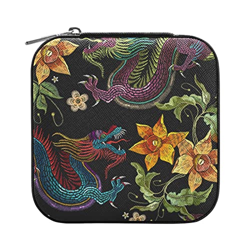 OTVEE Asiatischer Drache Goldene Blumen, kleine Schmuckschatulle, Mini-Schmuckkästchen, Reise-Schmuck-Organizer für Frauen und Mädchen von OTVEE