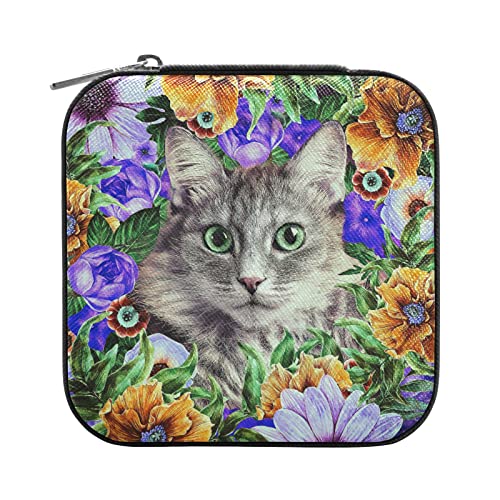 OTVEE Kleine Schmuckschatulle mit Katze, Tier, Blumenkranz, Mini-Schmuckkästchen, Reise-Schmuck-Organizer für Frauen und Mädchen von OTVEE