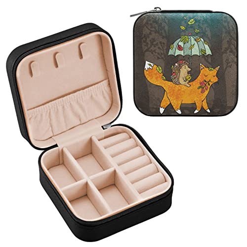 OTVEE Reise-Schmuckschatulle aus PU-Leder, tragbar, klein, Reise-Schmuckkästchen, Mini-Schmuckschatullen für Damen, Mädchen, Igel und Fuchs, Schmuck-Organizer für Ohrringe, Ringe, Halsketten von OTVEE