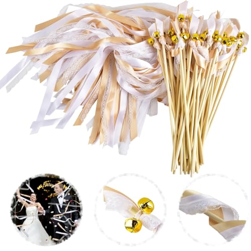 50Stk Wedding Wands Hochzeit Luftschlangen mit Glöckchen, Spalier Hochzeit Glücksstäbe Stäbe Spitze Seidenfeenstab, Zauberstäbe Hochzeit Luftschlangen für Partys Hochzeiten Geburtstage Feiertagsfeiern von OTYMIOW