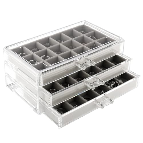 OUAYEMEL Acryl-Schmuckschatulle für Damen mit 3 Schubladen, Samt, Schmuck-Organizer, Ohrring-Aufbewahrung für Ringe, Ohrringe, Halsketten, Armbänder, Aufbewahrung, Vitrine, Geschenk (grau) von OUAYEMEL