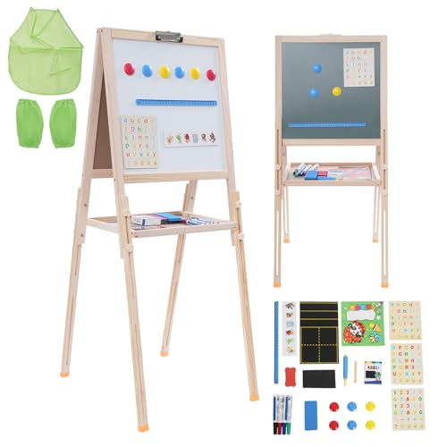 OUBUBY Kinder Tafel Holz 3 in 1 Magnetische Kinder Kreidetafel & Whiteboard 72-115cm Höhenverstellbar Standtafel mit Kreide, Magnet Magnete und 3 Malschüsselchen (Holzfarbe, 45×45cm) von OUBUBY