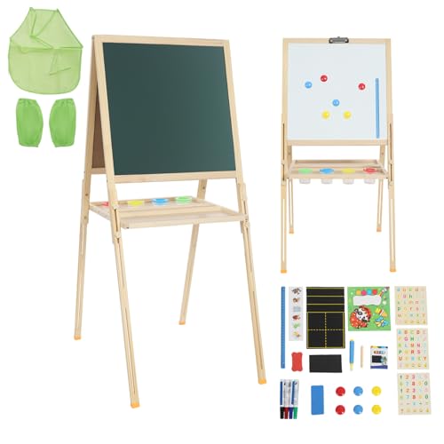 OUBUBY Kinder Tafel Holz 3 in 1 Magnetische Kinder Kreidetafel & Whiteboard 72-115cm Höhenverstellbar Standtafel mit Kreide, Magnet Magnete und 3 Malschüsselchen (Holzfarbe, 55×55cm) von OUBUBY