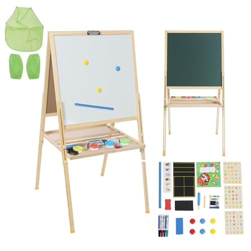 OUBUBY Kinder Tafel Holz 3 in 1 Magnetische Kinder Kreidetafel & Whiteboard 72-115cm Höhenverstellbar Standtafel mit Kreide, Magnet Magnete und 3 Malschüsselchen (Holzfarbe, 65×65cm) von OUBUBY