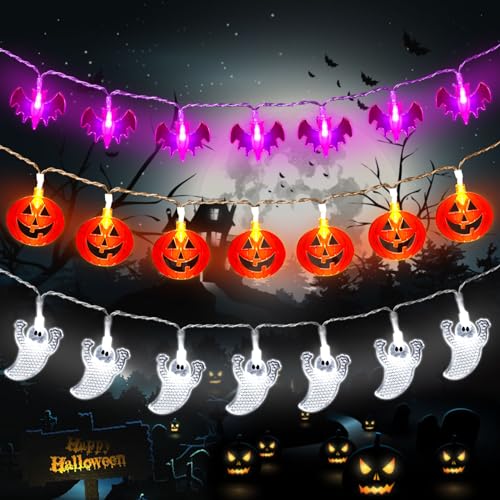 Halloween Lichterkette, 3 Stück 3.5M 20 LED Halloween Deko Lichterkette, 2 Modi Lichterkette Außen Halloween Deko Kürbis, Geister, Fledermaus Anhänger für Halloween Outdoor Indoor Deko Party Garten von OUILA