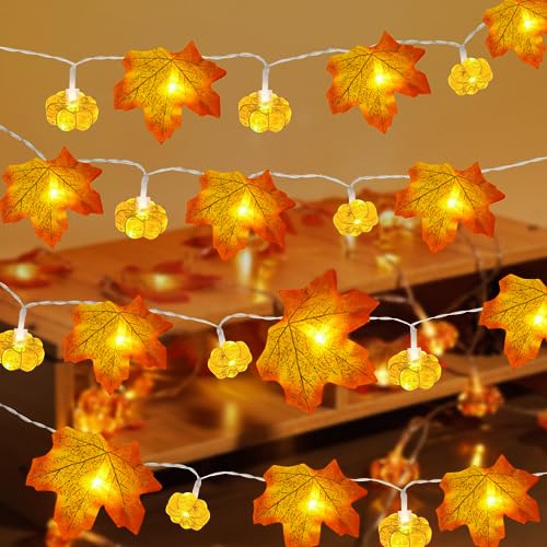 OUILA Ahornblatt Kürbis Lichterkette, 20 LED/3,5 M, Herbst, Batteriebetrieben, Geeignet für Herbstdekoration, Halloween und Thanksgiving, Innen und Außendekoration von OUILA