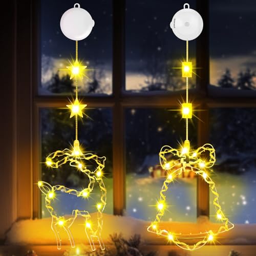 OUILA LED Weihnachtsbeleuchtung Innen, Funkel Jingle Bells & Elch Weihnachtsbeleuchtung Fenster mit Saugnäpfe & Timer Lichterkette Weihnachtslichter Weinachtsdekorationen für Innen (Warmweiß) von OUILA