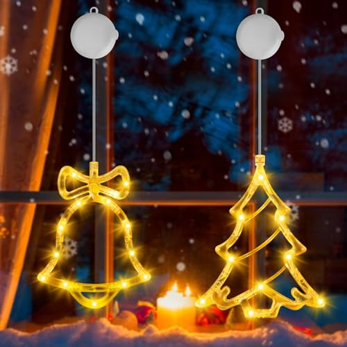 OUILA LED Weihnachtslichterketten Lichter, Funkel Weihnachten Lichterkette Weihnachtsbaum Weihnachtsglocken Weihnachtsbeleuchtung mit Saugnäpfe Timing Weihnachtsstern für Weihnachtsschmuck (Warmweiß) von OUILA