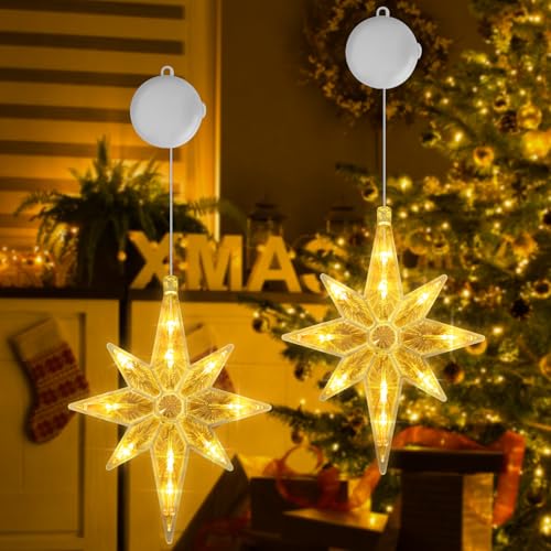 OUILA Weihnachtsbeleuchtung Fenster, LED Bethlehem Stern mit Saugnäpfe & Timer Weihnachtsdeko Lichter Lichterkett Fenster Innen Batteriebetrieben Fensterlichter Weihnachten Sterne Weihnacht(Warmweiß) von OUILA