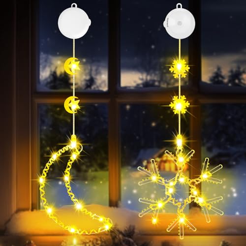 OUILA Weihnachtsbeleuchtung Fenster, Mond & Schneeflocken Lichterkette Fenster Innen Funkel mit Saugnäpfe & Timer Lichterketten Weihnachts Weihnachtslichterketten für Weihnachtsdeko Innen(Warmweiß) von OUILA