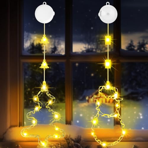 OUILA Weihnachtsbeleuchtung Weihnachtsdeko, Schneemann & Weihnachtsbaum Leuchtsterne Weihnachten mit Saugnäpfe & Timer Fensterdeko Weihnachten Beleuchtet Lichterkette Fenster Weihnachten (Warmweiß) von OUILA