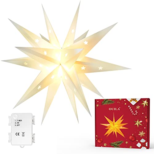 Weihnachtsstern 3D Leuchtstern, OUILA Φ45cm LED Beleuchtet Weihnachtsstern Batteriebetrieben mit Timer für Weihnachtsdeko Außen Innen Dekorative Leuchten Christbaumschmuck 3000K von OUILA