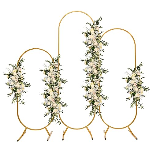 OUKANING 3-Teiliges Ballonbogen Hintergrund Ständer, Oval, Hochtemperaturbackfarbe, Jeder Stand Tragfähigkeit 10kg, Metallbogen Deko Hochzeitsbogen, Für Hochzeit Party Garten (Gold) von OUKANING