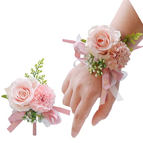 2 Stück Rosenblumen-HandgelenkSet für Herren, Hochzeit, weiße Rose, Korsage, Armband für Frauen, Braut, Brautjungfer, Handgelenk, Korsage, für Hochzeit, Party, Abschlussball, Dekorationen (Rosa) von OUKEYI