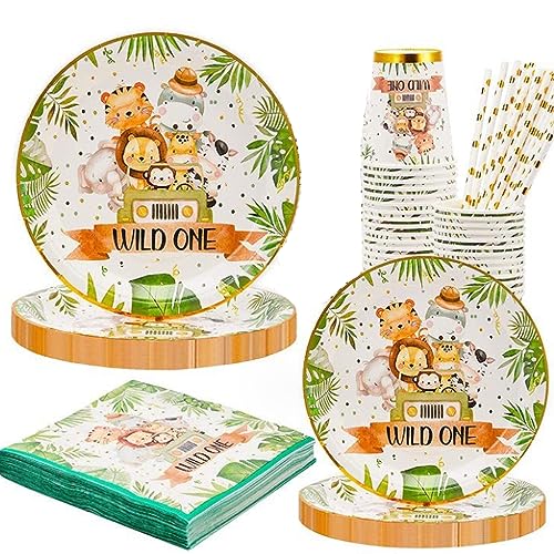 41 Stück Dschungel Safari Partygeschirr Set,Waldtiere Partygeschirr Kindergeburtstag Deko,Dschungel Thema Partygeschirr Set Grün Wildes Tier Papier Teller Tassen Servietten für Jungen Baby Shower von OUOQI