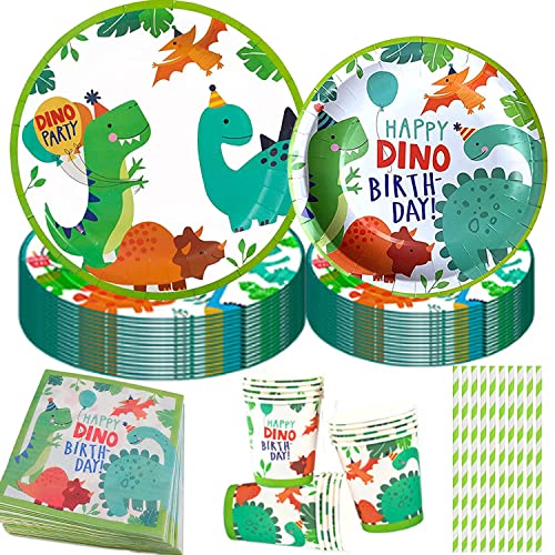 60 Stück Dinosaurier Party Geschirr Set,Dinosaurier Pappteller Becher Servietten für Kindergeburtstag,Dinosaurier Deko Geburtstag Set, Dinosaurier Party Supplies Serviert 10 Gäste von OUOQI