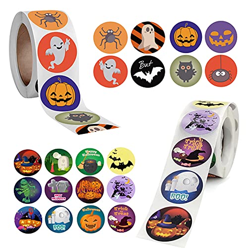 OUOQI Halloween Aufkleber Rolle,1000 Stück Halloween Sticker,Halloween Dekorative Aufkleber,Kürbis Fledermaus Geisterspinnen Sticker,Kinder Halloween Aufkleber Rolle,für Halloween Party DIY Craft von OUOQI