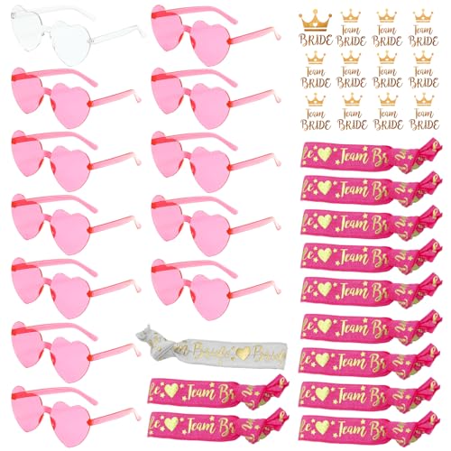 OUOQI 36 Stück Jungesellinnenabschied Frau Accessoires set,JGA Brille Team Braut Armbänder,Herz Sonnenbrille,12Herz Sonnenbrille+12Bride Tattoo Aufkleber+12Bride Armband,JGA Deko Accessoires von OUOQI