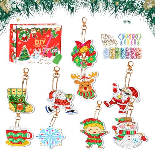 OUOQI 9 Pcs Diamant Malerei Weihnachts Kits,5D Diamant Painting Schlüsselanhänger Weihnachten,DIY Diamond Painting Schlüsselanhänger, Weihnachten Diamant Malerei Schlüsselanhänger Kits von OUOQI