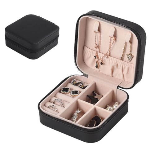 OUOQI Reise Schmuckkoffer,Kleine Schmuckschatulle für Damen,Schmuck Reise Organizer,Tragbarer Reise Schmuckbox,Mini Schmuckaufbewahrung Ohrringe,für Ringe,Ohrringe,Halsketten,Armbänder (Schwarz) von OUOQI