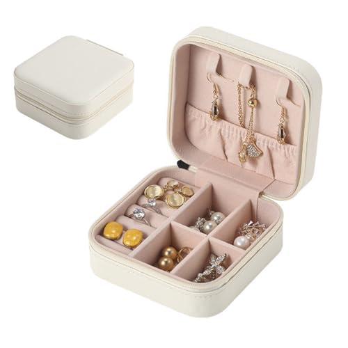 OUOQI Reise Schmuckkoffer,Kleine Schmuckschatulle für Damen,Schmuck Reise Organizer,Tragbarer Reise Schmuckbox,Mini Schmuckaufbewahrung Ohrringe,für Ringe,Ohrringe,Halsketten,Armbänder (Weiß) von OUOQI