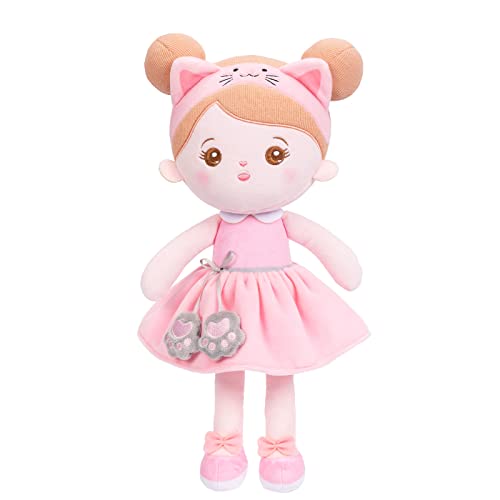 OUOZZZ Baby Puppe, Weiche Stoffpuppe mit Kleidung Rosa, Katzen Plüsch Puppe Kuschelpuppe für Kinder ab 3 Monaten - Baby Geschenk zur Geburt Mädchen Jungen, 38cm von OUOZZZ