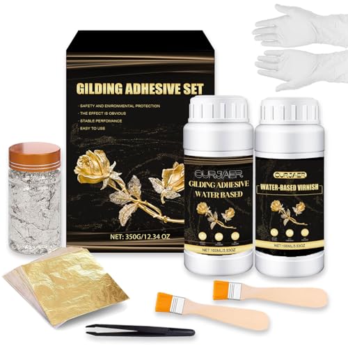 OURJAER a Glue Craft Set Blattgold, 2 g Blattsilber, 100 Blattgold, 100 ml Kleber und 100 ml Schutzlack zum Dekorieren und Restaurieren Multifunktionales Produkt von OURJAER