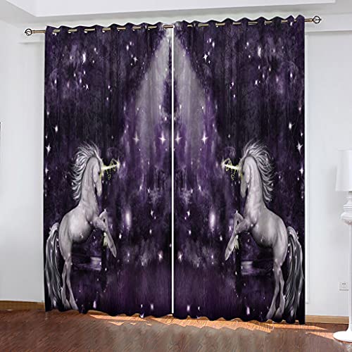 100% Blickdichter Vorhang Mit Ösen 3D White Horse Lila Sternenhimmel Wald Wohnzimmer Gardinen 264x240cm 2 Stück Muster Verdunkelungsvorhang Farben Kinderzimmer Fensterdekoration Thermovorhang Schlaf von OUSIKA