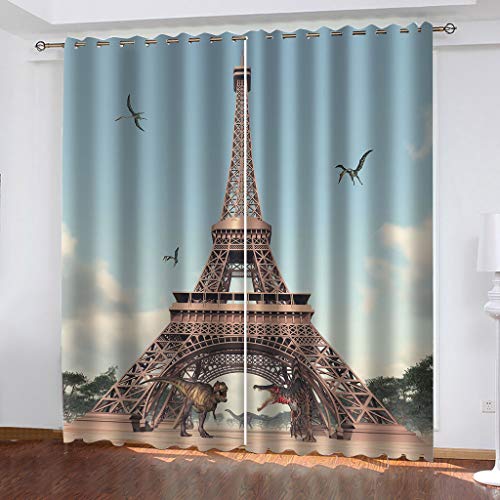 2Er Set Blickdichter Verdunklungs Gardinen Mit Ösen 3D Dinosaurier Muster Auf Dem Eiffelturm In Paris Für Wohnzimmer Schlafzimmer Kinderzimmer 280x260cm Druck Muster Super Weich Schallisoliert Therm von OUSIKA