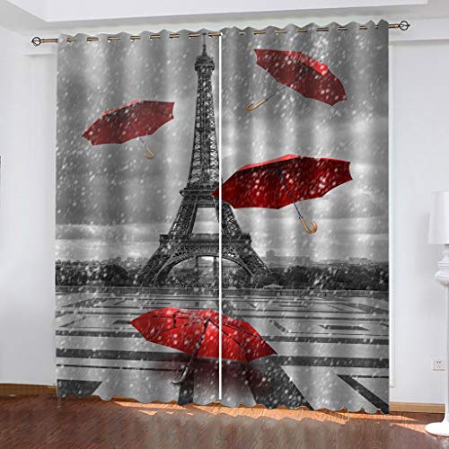 2Er Set Blickdichter Verdunklungs Gardinen Mit Ösen 3D Paris Tower Roter Regenschirm Print Für Wohnzimmer Schlafzimmer Kinderzimmer 280x260cm Druck Muster Super Weich Schallisoliert Thermovorhänge von OUSIKA