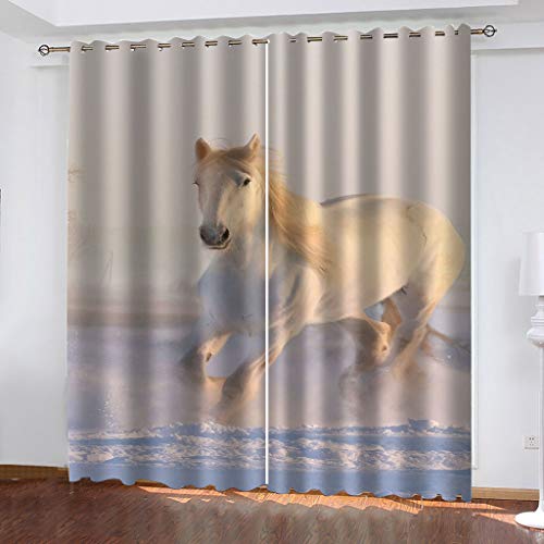 OUSIKA 100% Blickdichter Vorhang Mit Ösen 3D Weißes Tierpferd Wohnzimmer Gardinen 264x240cm 2 Stück Muster Verdunkelungsvorhang Farben Kinderzimmer Fensterdekoration Thermovorhang Schlafzimmer von OUSIKA