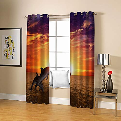 OUSIKA 3D Dämmerung Tiere Delfine Gardinen Mit Ösen Set Drucken Vorhänge Modern Wohnzimmer Polyester Gardinen 140x240Cm Küche Fenster Schlafzimmer Blickdichte Vorhänge Dekor Für Jungs Jugendliche von OUSIKA