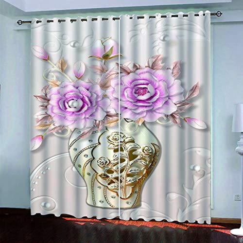 OUSIKA 3D Vase Mit Rosa Blumen Gardinen Mit Ösen Set Drucken Vorhänge Modern Wohnzimmer Polyester Gardinen 140x240Cm Küche Fenster Schlafzimmer Blickdichte Vorhänge Dekor Für Jungs Jugendliche von OUSIKA