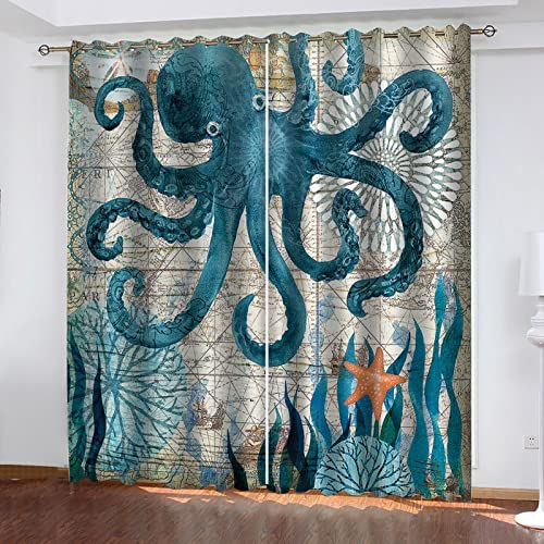 OUSIKA Abdunkelnde Vorhänge Mit Ösen Gardinen Wohnzimmer 140x200 cm Verdunkelungsvorhang Ösenvorhang 2Er Set, Thermo Vorhang 3D Blaues Tier Oktopus Blickdicht Schlafzimmer Gardinen Für Alle Fenster von OUSIKA