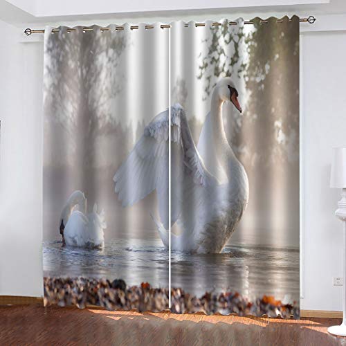 OUSIKA Schlafzimmer Vorhang 3D Weißer Tierschwan Mädchen Polyester 2 Stück Ösenvorhang Blickdicht 264x214cm Gardinen Druck Verdunkelung Vorhänge Für Kinderzimmer Wohnzimmer Fenster Thermovorhang von OUSIKA