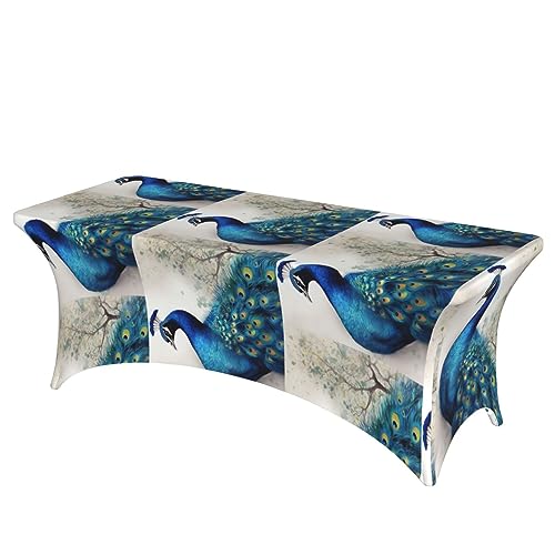 OUSIKA Tischdecke mit blauem Pfau, dehnbar, rechteckig, waschbar, für Party, Hochzeit, Cocktail, Bankett, Festival, 1,8 m von OUSIKA