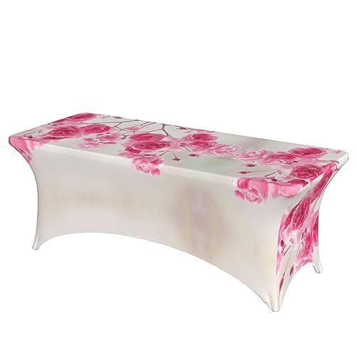 OUSIKA Tischdecke mit rosa Blumen, dehnbar, rechteckig, waschbar, für Party, Hochzeit, Cocktail, Bankett, Festival, 1,8 m von OUSIKA