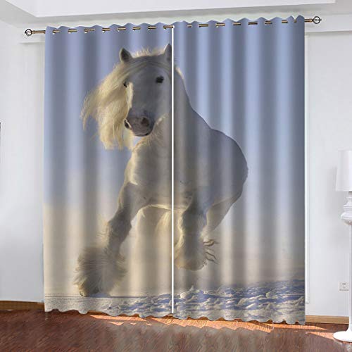 OUSIKA Vorhang Blickdicht Ösen 3D Weißes Tierpferd Polyester Mit 3D-Druck, Für Schlafzimmer, Geräuschreduzierung 2 Stück 200x200cm Verdunkelungsvorhang, Blickdichte Vorhänge Wohnzimmer Deko von OUSIKA