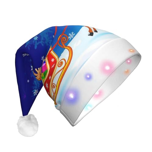 OUSIKA Weihnachtsmütze mit Weihnachtsmann auf Schlitten, lustige Plüsch-Weihnachtsmütze mit bunten LED-Lichtern, für Erwachsene, leuchtende Hüte für Neujahr, festliches Partyzubehör von OUSIKA