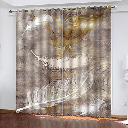 OUSIKA Wohnzimmer Vorhänge 3D Weiße Goldene Feder Extra Lange Gardinen Und Vorhänge, Blickdichte Vorhänge Für Schlafzimmer Wohnzimmer Kinder Jungen 280x260 cm Verdunkelungsvorhänge, Fenstervorhänge von OUSIKA