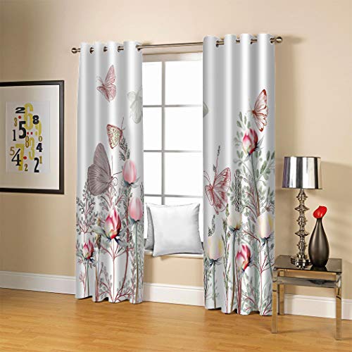 Schlafzimmer Vorhang 3D Blumen Schmetterling Muster Mädchen Polyester 2 Stück Ösenvorhang Blickdicht 264x214Cm Gardinen Druck Verdunkelung Vorhänge Für Kinderzimmer Wohnzimmer Fenster Thermovorhang von OUSIKA