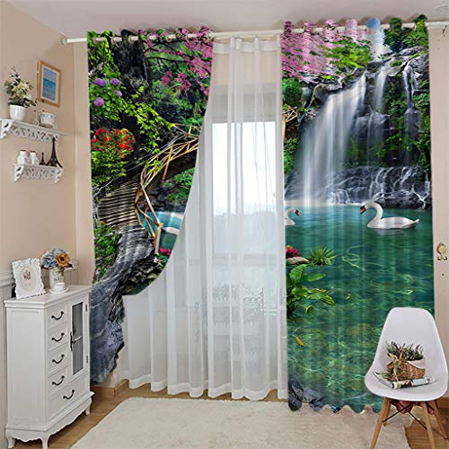 Schlafzimmer Vorhang 3D Garten Wasserfall Schwansee Mädchen Polyester 2 Stück Ösenvorhang Blickdicht 264x214Cm Gardinen Druck Verdunkelung Vorhänge Für Kinderzimmer Wohnzimmer Fenster Thermovorhang von OUSIKA