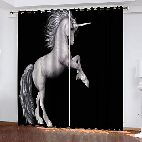 Schlafzimmer Vorhang 3D Weißer Pegasus Mit Schwarzem Hintergrund Mädchen Polyester 2 Stück Ösenvorhang Blickdicht 264x214cm Gardinen Druck Verdunkelung Vorhänge Für Kinderzimmer Wohnzimmer Fenster T von OUSIKA