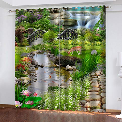 Vorhang Blickdicht Mit Ösen Schattierung Gardienen 3D Blick Auf Den Garten Bach Druck Muster Verdunklungsvorhänge Isolierung Kinder Blackout Curtain Für Wohnzimmer Schlafzimmer 200x160Cm Modernes von OUSIKA