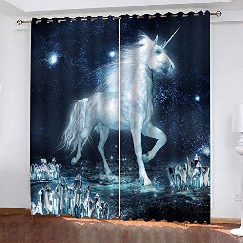 Vorhang Wärmeisolierend 2Er Set 3D Weißes Pferd Sternenhimmel Nachtszene Muster Für Schlafzimmer 180x250cm Gardinen Verdunklungsvorhänge Blickdicht Vorhänge Set Mit Ösen, Kälteschutz Wohnzimmer Kind von OUSIKA