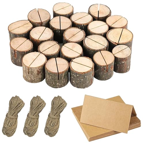 OUTALIZ Kartenhalter Holz, 20 Stück Fotohalter Holz, Menükartenhalter, Fotohalter Tischkartenhalter Rustikale, Mit 20 Stück Karte aus Kraftpapier und 30 Meter DIY Hanfseil, Für Hochzeit, Party von OUTALIZ