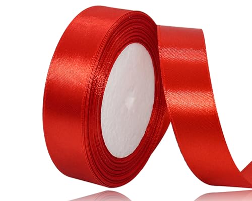 2,5 cm rotes Satinband, 22,7 m Bastelstoffband für Geschenkverpackungen, Blumensträuße, Weihnachten, Ostern, handgefertigte Schleifen und Hochzeitsfeier-Dekoration von OUTPGAGA
